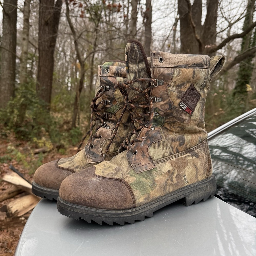 Vtg Field Tested Guide Gear Waterproof Leather Canvas Camo Boots Tall Mens 12EE